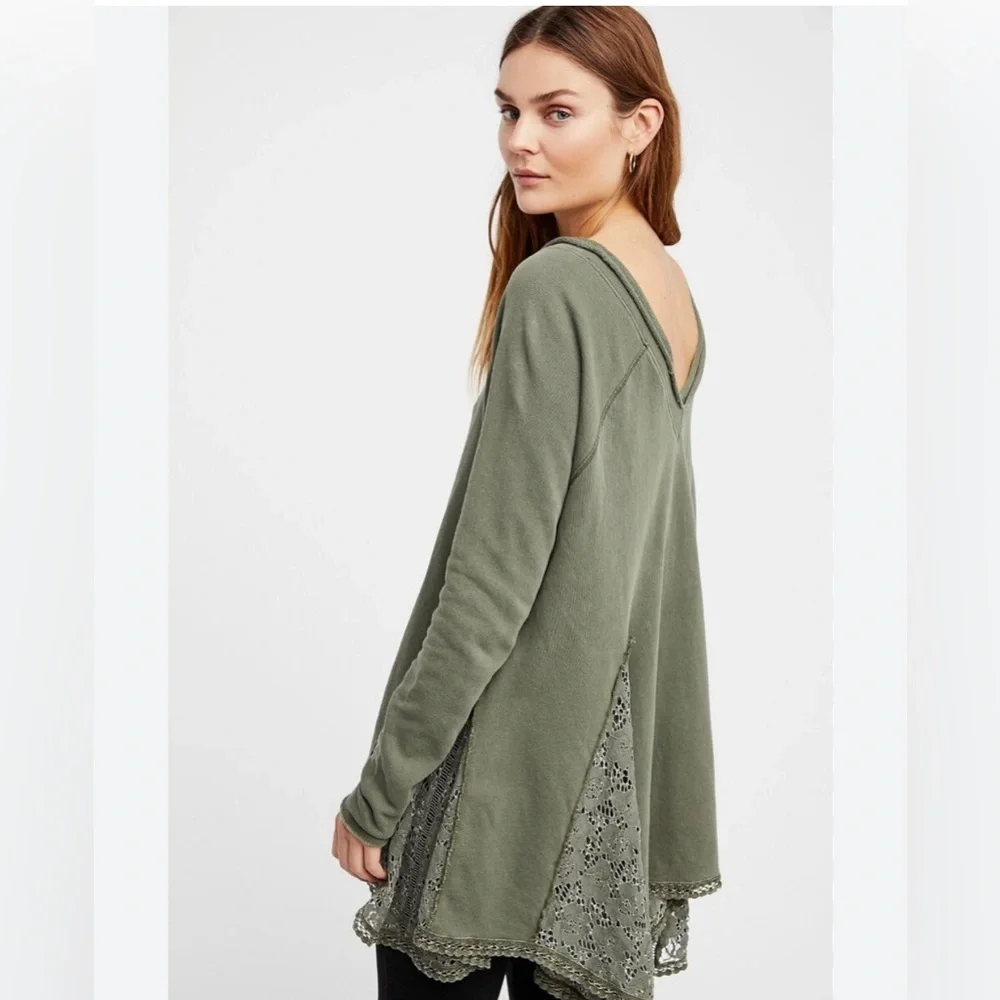 Free People No Frills Lace Inset V-Neck Pullover Sweatshirt - Picture 1 of 5